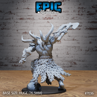 Frost giant from behind showing broad muscular back, crown of branching horns, fur-wrapped bracers and layered feathered skirt, runic axe raised in one hand. Sculpt by Epic Miniatures.