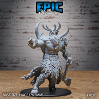 Massively built frost giant striding forward, one fist raised in a gauntleted grip, the other trailing a rune-carved axe. Antlered horns, wild beard, layered fur kilt and feathered mantle. By Epic Miniatures.