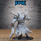 Frost giant sculpt seen from behind, showing sweeping antlered horns, long feathered fur kilt, rune-detailed axe haft, and broad bare muscled back with leather belt. By Epic Miniatures.