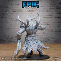 Frost giant sculpt seen from behind, showing sweeping antlered horns, long feathered fur kilt, rune-detailed axe haft, and broad bare muscled back with leather belt. By Epic Miniatures.