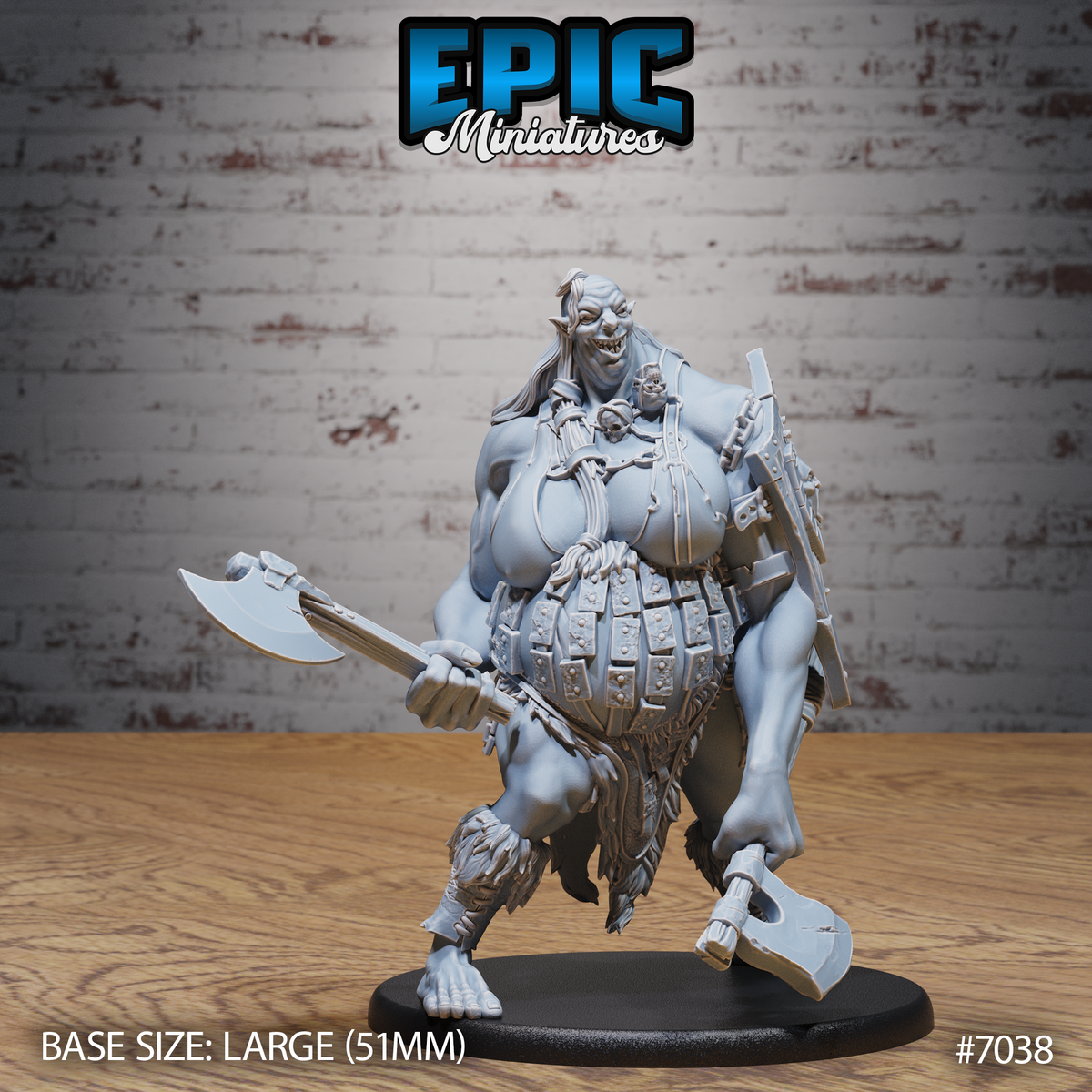 Massive female giant striding forward, wielding a broad-bladed axe in her right hand and a hand axe in her left, wearing riveted scale armour over her torso with a skull trophy hanging at her chest, long hair loose, snarling expression, on a large oval base. Sculpt by Epic Miniatures.