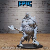 Massive female giant striding forward, wielding a broad-bladed axe in her right hand and a hand axe in her left, wearing riveted scale armour over her torso with a skull trophy hanging at her chest, long hair loose, snarling expression, on a large oval base. Sculpt by Epic Miniatures.