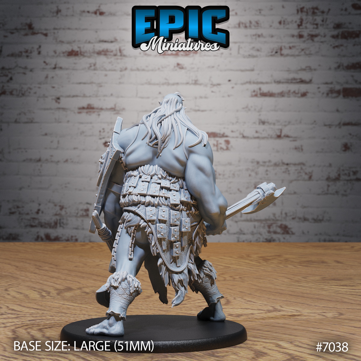 Female giant seen from behind, revealing flowing long hair, layered scale armour covering her lower torso, chains looping across her back, a large weapon carried at her side, and bare clawed feet on a large oval base. Sculpt by Epic Miniatures.