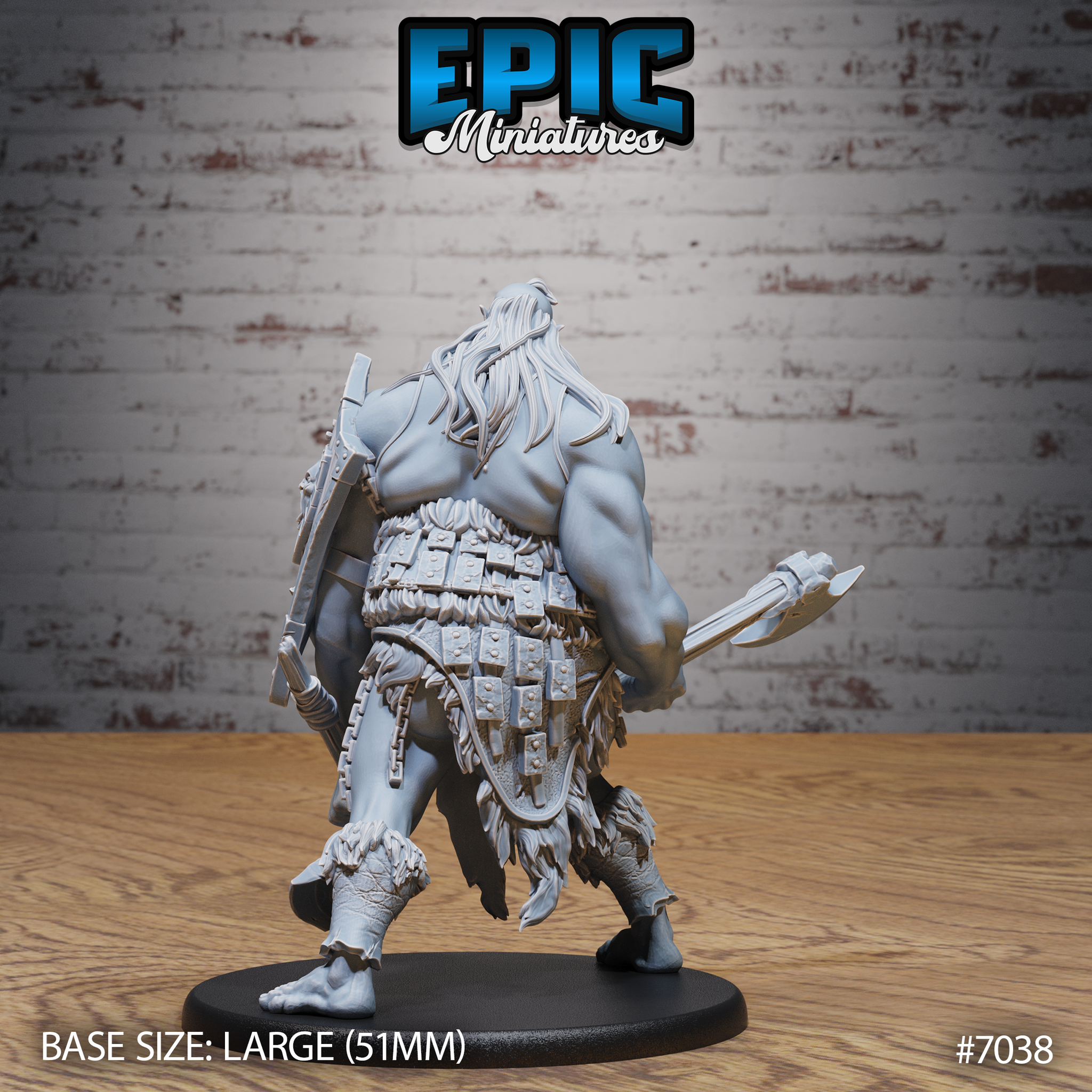 Female giant seen from behind, revealing flowing long hair, layered scale armour covering her lower torso, chains looping across her back, a large weapon carried at her side, and bare clawed feet on a large oval base. Sculpt by Epic Miniatures.