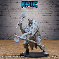 Fierce female giant charging forward, swinging a large axe overhead and bracing a second axe low. Skull-studded shield on her back, layered armour with feathered trim, teeth bared. Sculpt by Epic Miniatures.