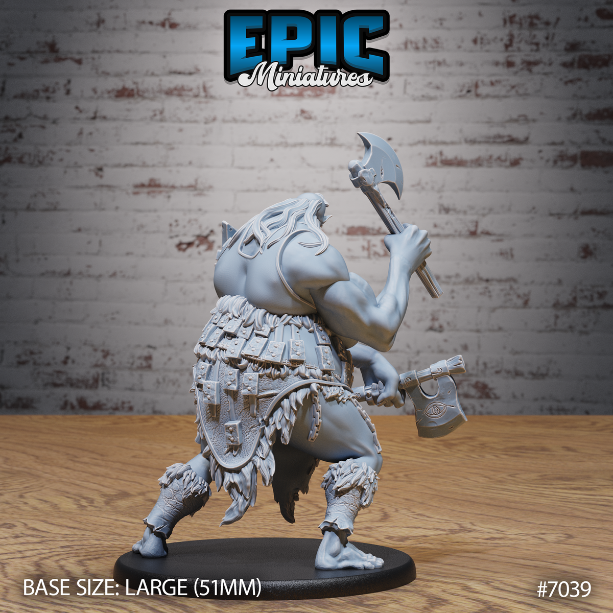 Female giant shown from behind mid-stride, one axe raised high, second axe held low at her side. Detailed back armour of riveted plates, flowing hair, large oval base. Sculpt by Epic Miniatures.