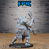 Female giant shown from behind mid-stride, one axe raised high, second axe held low at her side. Detailed back armour of riveted plates, flowing hair, large oval base. Sculpt by Epic Miniatures.