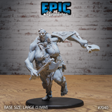 Ferocious female hill giant mid-charge, grinning broadly, swinging a wide-bladed axe in one hand and flinging the other arm wide. A small goblin clings to her shoulder harness. Fur wrappings at ankles, studded straps across her torso, hide skirt. By Epic Miniatures.