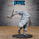 Massive female hill giant leaning forward in full run, arm raised high gripping a bound club or mallet, studded hide skirt visible at back with chain detail, long flowing hair and heavy musculature. Coarse fur at ankles. Large oval base. By Epic Miniatures.
