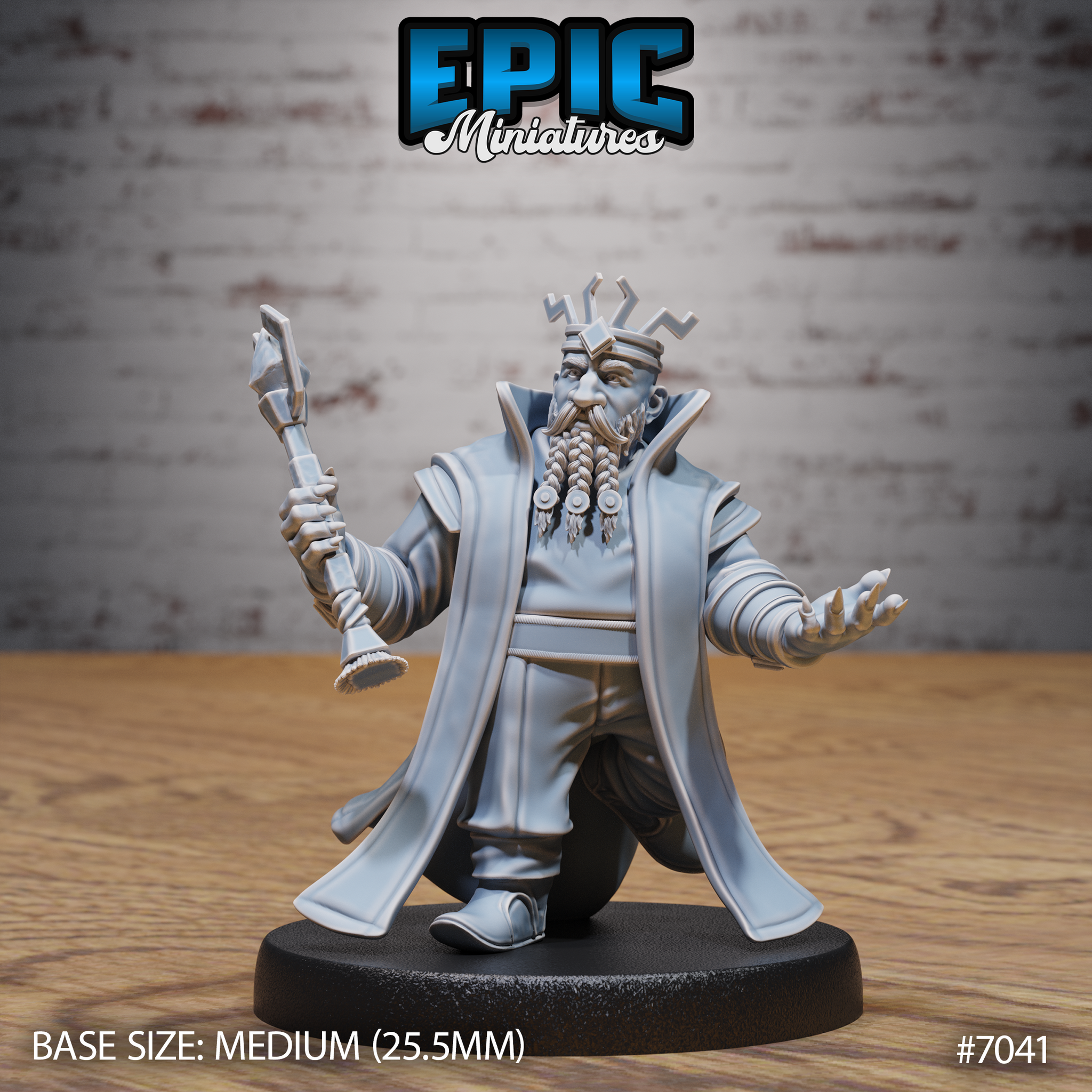 Stocky dwarf king facing forward, raising an ornate staff in his right hand and extending his open left hand, wearing layered robes, a belted tunic, and a runic angular crown. Two long braided plaits hang from his beard. Sculpt by Epic Miniatures.