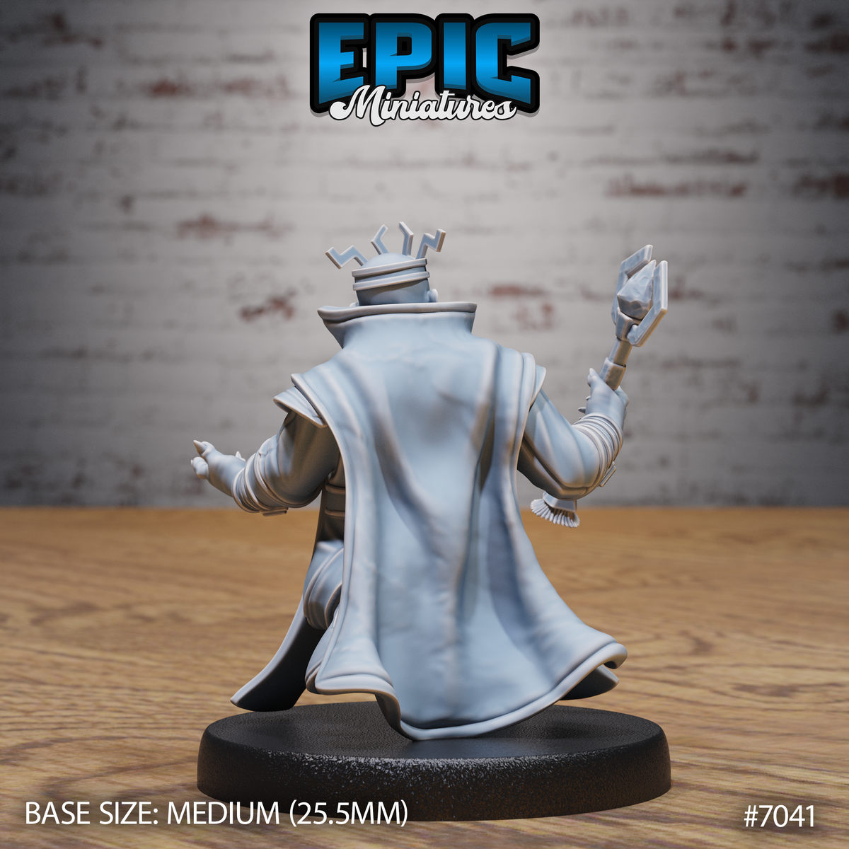 Dwarf king seen from behind, long robes sweeping dramatically outward, runic crown visible atop his head, right arm raised holding an ornate staff with a bird-like finial. The cloak drapes in deep fabric folds. Sculpt by Epic Miniatures.
