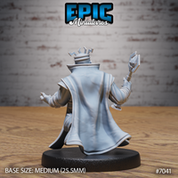 Dwarf king seen from behind, long robes sweeping dramatically outward, runic crown visible atop his head, right arm raised holding an ornate staff with a bird-like finial. The cloak drapes in deep fabric folds. Sculpt by Epic Miniatures.