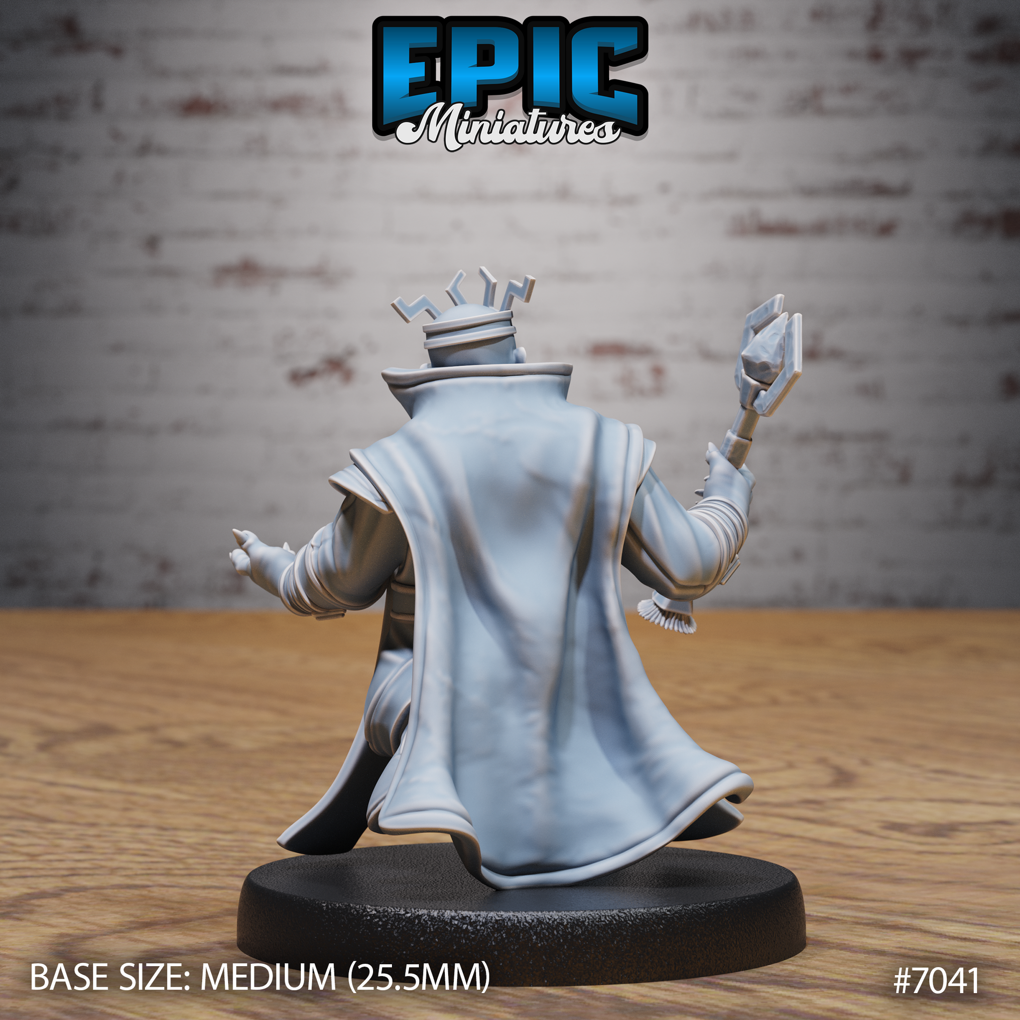 Dwarf king seen from behind, long robes sweeping dramatically outward, runic crown visible atop his head, right arm raised holding an ornate staff with a bird-like finial. The cloak drapes in deep fabric folds. Sculpt by Epic Miniatures.