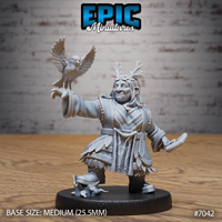 Stout dwarf druid smiling broadly, antler crown in her hair, hawk landing on her raised outstretched fist, wearing feather-trimmed layered robes with a belted waist, small creature at her feet on the base. Sculpt by Epic Miniatures.