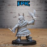 Dwarf druid seen from behind, long flowing hair with antler crown, hawk perched on her raised right fist with wings spread, feather-edged robe hem, a carved staff held loosely in the left hand. Sculpt by Epic Miniatures.