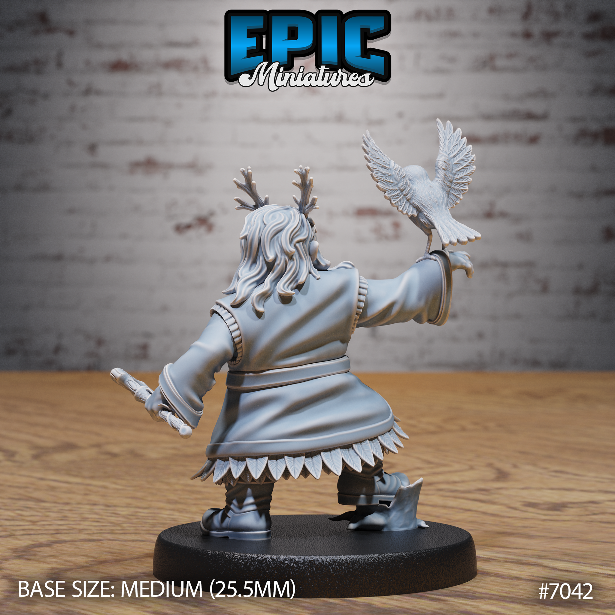 Dwarf druid seen from behind, long flowing hair with antler crown, hawk perched on her raised right fist with wings spread, feather-edged robe hem, a carved staff held loosely in the left hand. Sculpt by Epic Miniatures.