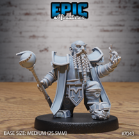 Stocky dwarf sorcerer facing forward, long braided beard in multiple plaits, holding an orb-topped staff in one hand with conjured flame curling from the other, wearing layered armour and a long coat with clan emblem, standing on a rocky base. Sculpt by Epic Miniatures.