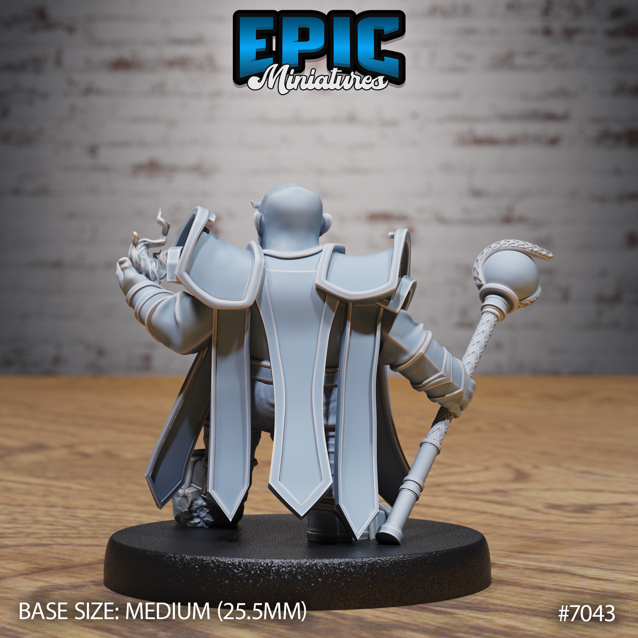 Dwarf sorcerer seen from behind, wide armoured shoulders and layered coat clearly visible, orb-topped braided staff held low at his side, free hand raised with conjured flame, bald head with small pointed ears, standing on a rocky scatter base. Sculpt by Epic Miniatures.