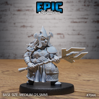 Stocky dwarf warrior in geometric diamond-patterned plate armour, gripping a broad angular trident across the body with both hands, wearing a pointed horned helm with flowing hair. Sculpt by Epic Miniatures.