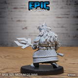 Dwarf warrior seen from behind, showing layered pauldrons, long flowing hair, diamond-patterned armour skirt, and the back of a broad angular trident head held at the side. Sculpt by Epic Miniatures.
