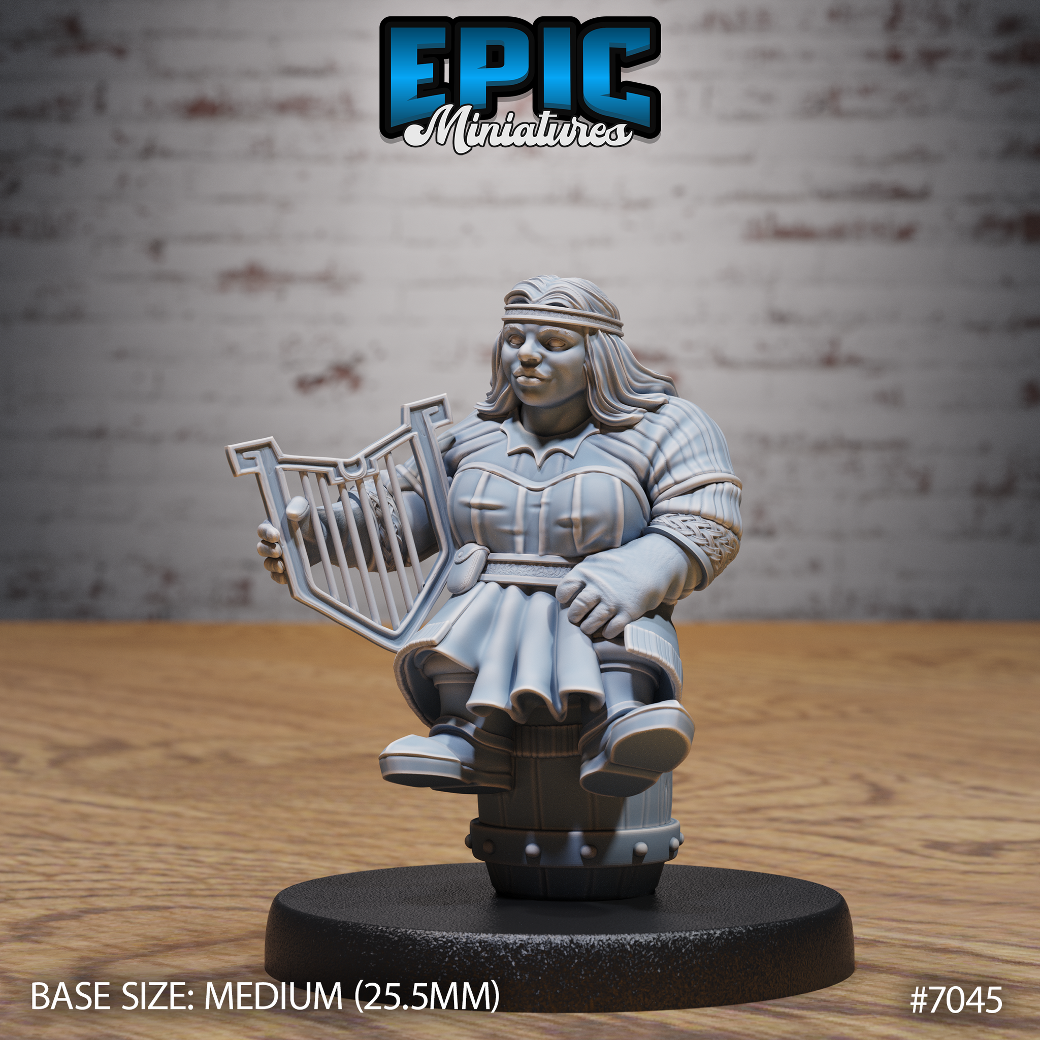 Seated dwarf woman clutching an ornate lyre, wearing a layered tunic and braided bracers, perched on a studded barrel base with a contented expression. Sculpt by Epic Miniatures.