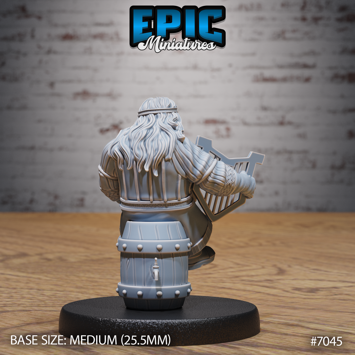 Dwarf bard miniature seen from behind, showing thick long hair beneath a headband, textured woven tunic, and the reverse of a lyre held at her side, seated on a riveted barrel. Sculpt by Epic Miniatures.