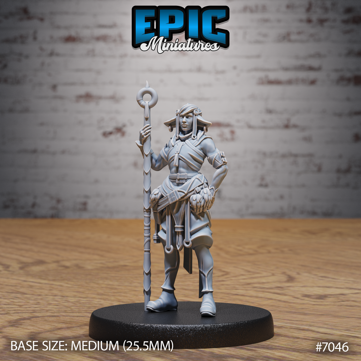Firbolg Druid miniature facing forward, holding a tall staff with a ring finial raised in one hand, other hand on hip, wearing layered cloth wrappings with leaf-textured belt pouches. Sculpt by Epic Miniatures.