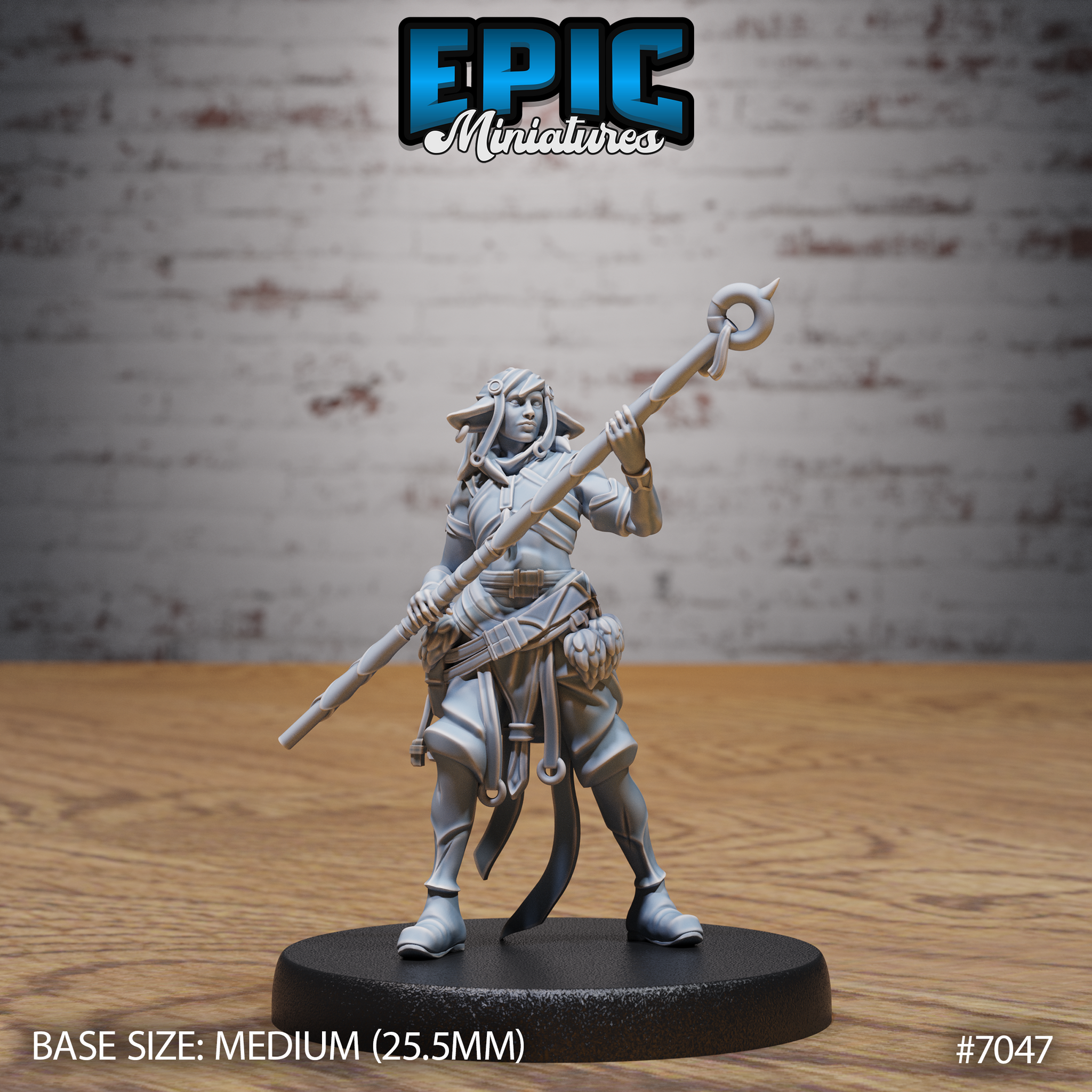 Firbolg druid raising a tall staff with a looped iron ring topper, wearing layered cloth wraps, a belted coat with hanging pouches and herb bundles, by Epic Miniatures.