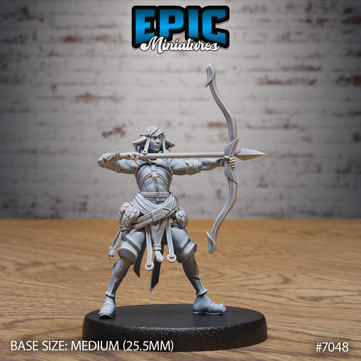 Firbolg druid miniature in a wide-legged stance, drawing a longbow at full tension, wearing wrapped cloth bindings, layered leather, and tasselled belt pouches. Sculpt by Epic Miniatures.