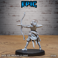 Firbolg druid miniature seen from behind, longbow drawn and arrow extended, showing bound hair, layered back cloth, and detailed leather straps and pouches. Sculpt by Epic Miniatures.