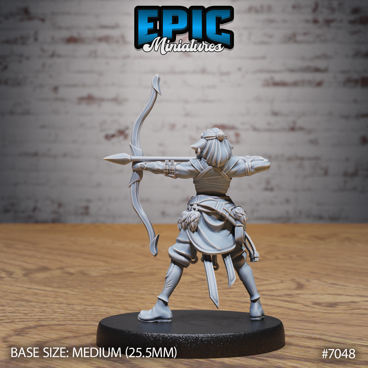 Firbolg druid miniature seen from behind, longbow drawn and arrow extended, showing bound hair, layered back cloth, and detailed leather straps and pouches. Sculpt by Epic Miniatures.