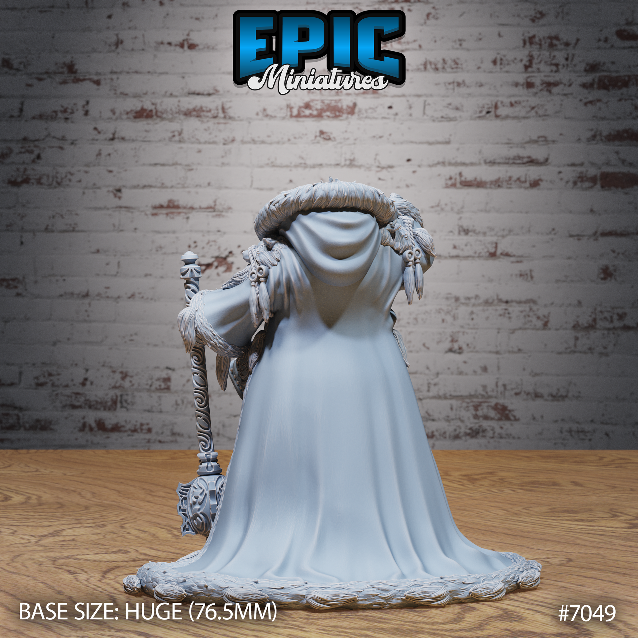 Giantess queen seen from behind, full-length fur cloak sweeping to the ground with braided trim, ornate staff visible at her side, decorative braid and feather adornments at her shoulders. Sculpt by Epic Miniatures.