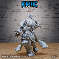 Imposing female fire giantess in ornate plate armour, crown on her head, warhammer raised overhead, fur-trimmed cloak and clawed feet. Sculpt by Epic Miniatures.