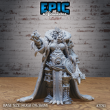 Armoured female giant raising a conjured flame in her right hand and gripping a warhammer in her left, wearing an engraved breastplate, beast-head waist armour, fur-trimmed cloak, and a crown in flowing hair. Epic Miniatures sculpt.