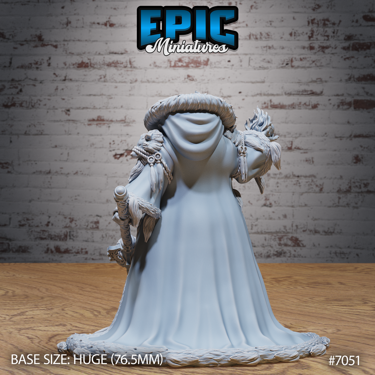 Female giant in a wide sweeping cloak viewed from behind, showing a fur-trimmed hood, rope-bound staff slung across her back, and a flame raised in her left hand. Detailed greaves and boot wraps visible. Epic Miniatures sculpt.