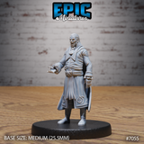 Vampire miniature in long embroidered coat, extending one clawed hand forward with fanged snarl and swept-back pale hair. Sculpt by Epic Miniatures.