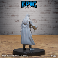 Vampire miniature seen from behind, showing long pale hair falling over an ornate floor-length coat with detailed hemline embroidery. Sculpt by Epic Miniatures.