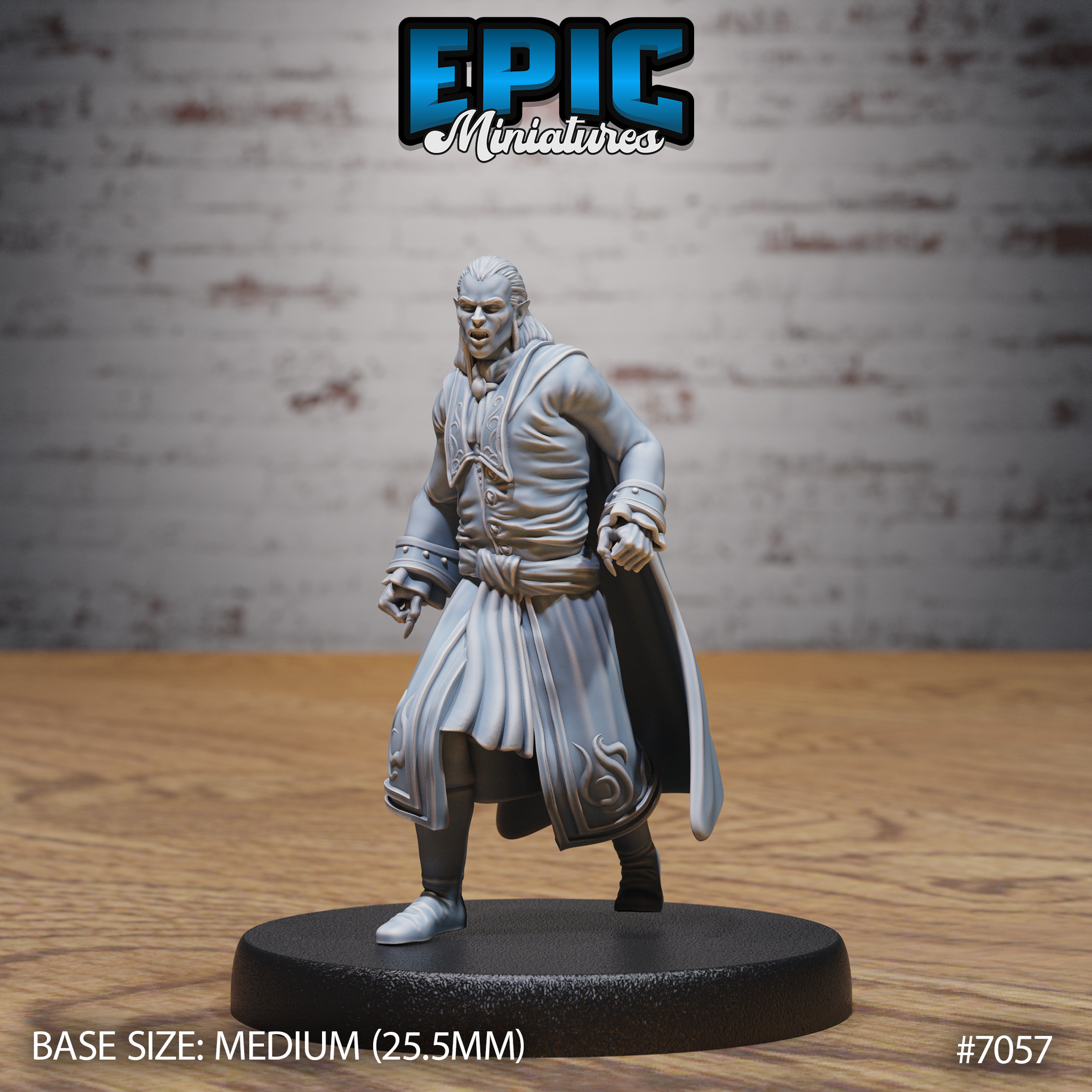 Long-haired male vampire in an ornate embroidered long coat and flowing cape, striding forward with both fists clenched at his sides, sharp-featured and composed. Sculpt by Epic Miniatures.
