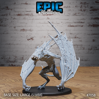 Crouching bat-like fiend with massive barbed wings spread wide, cluster of eyes on a fanged maw, sinewy limbs tensed to spring, on a large oval base. Sculpt by Epic Miniatures.
