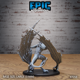 Bat fiend seen from behind with wings fully extended showing ribbed membrane and bone spurs, sinuous tail curled low, digitigrade legs braced on oval base. Sculpt by Epic Miniatures.