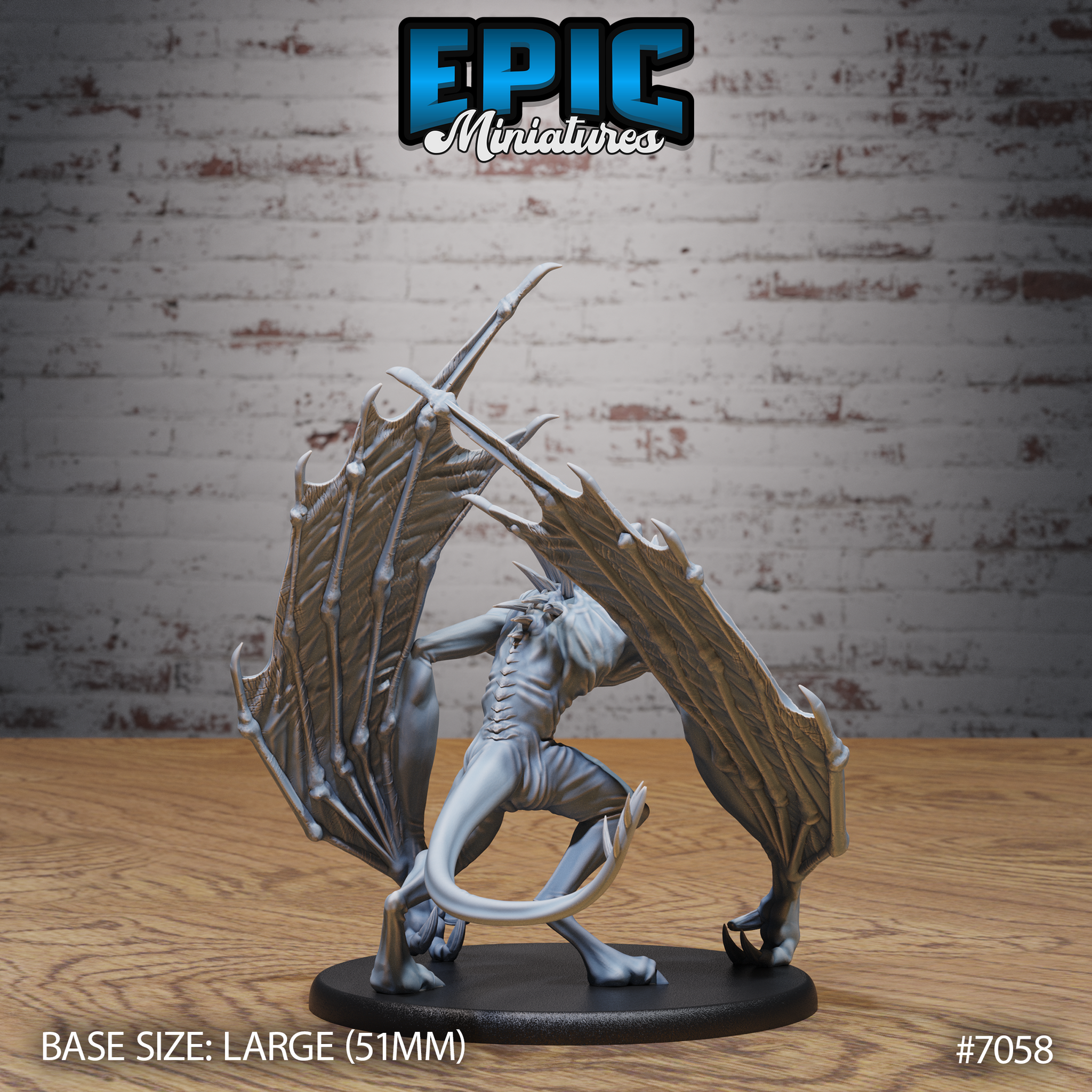 Bat fiend seen from behind with wings fully extended showing ribbed membrane and bone spurs, sinuous tail curled low, digitigrade legs braced on oval base. Sculpt by Epic Miniatures.