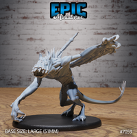 Lunar Bat Fiend by Epic Miniatures — snarling creature lunging forward on clawed feet, one arm reaching low with hooked claws, opposite wing flung wide, dorsal spines raised, barbed tail extended behind, on a large oval base.