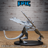Lunar Bat Fiend by Epic Miniatures — rear three-quarter view showing full spread of veined leathery wings, prominent dorsal spines along neck and back, barbed tail sweeping out, and raptor-like taloned hind feet on a large oval base.