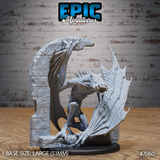 Gaunt winged fiend crouching through a crumbling stone arch, head thrust forward with teeth bared and multiple eyes, vast bat-like wings spread wide, gripping worn stonework with clawed feet. Sculpt by Epic Miniatures.