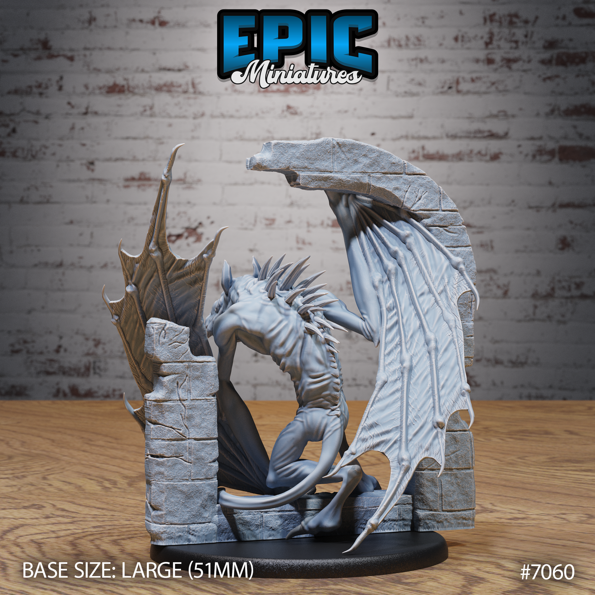 Rear view of a skeletal winged fiend hunched beneath a ruined stone archway, ribbed and ragged wings fanned outward, spiked crest along the neck and back, clawed limbs braced low against the sculpted stone base. Sculpt by Epic Miniatures.