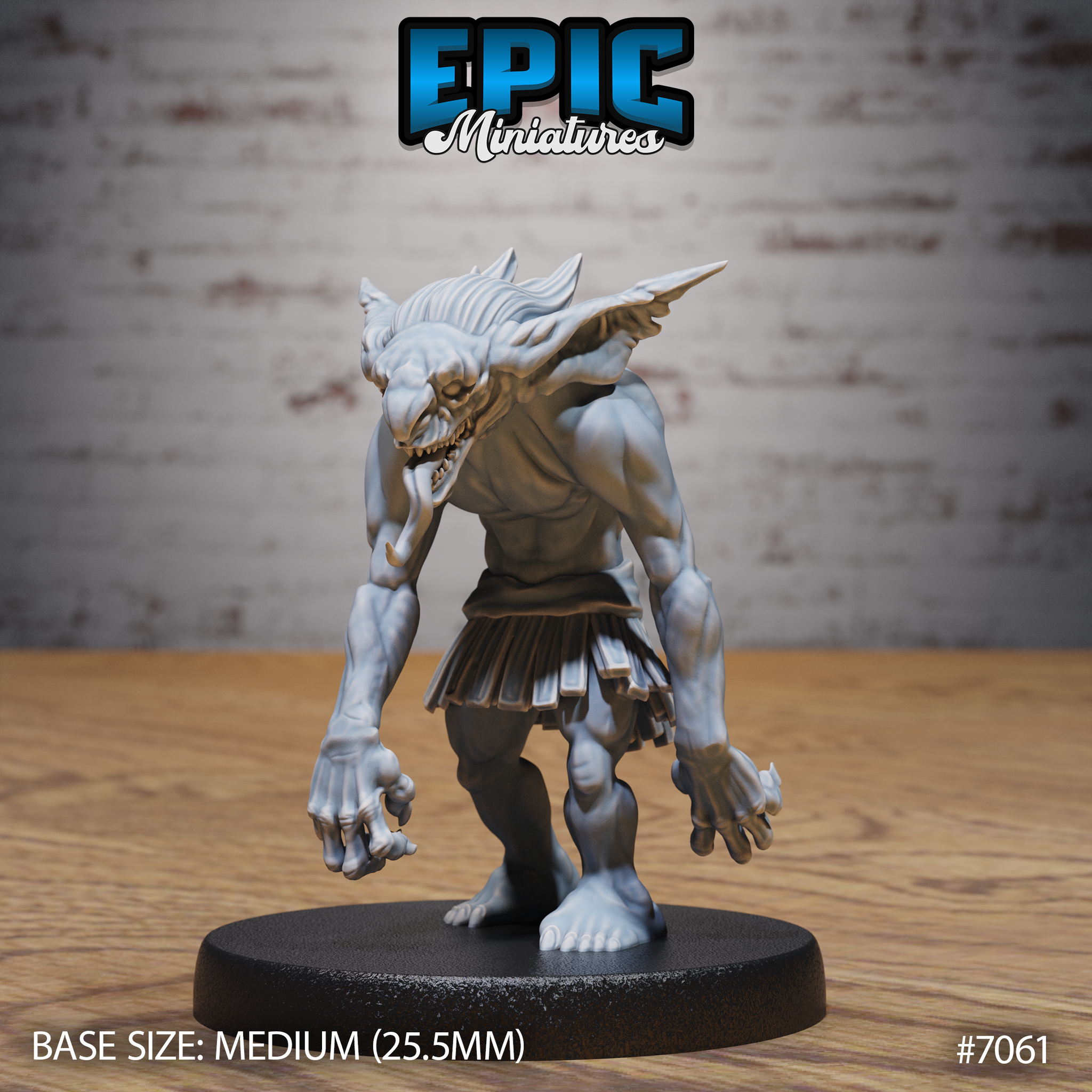Snarling ghoul miniature hunched forward, jaw wide open with overlapping fangs, both hands splayed into savage claws, wearing a tattered pleated kilt. Sculpt by Epic Miniatures.