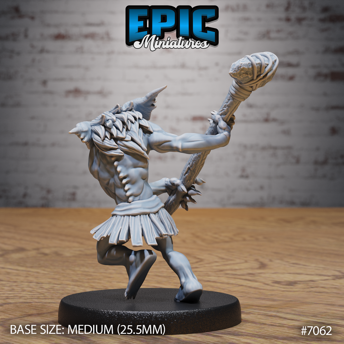 Ghoul creature leaning forward in an aggressive charge pose, holding a wrapped club aloft in one raised hand, with tufts of fur across the shoulders and a tattered layered skirt at the waist. Sculpt by Epic Miniatures.