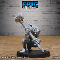 Crouching ghoul miniature gripping a stone-headed club with both hands, angled back in a coiled strike pose, with clawed fingers, fanged snarl, and lean sinewy limbs. Sculpt by Epic Miniatures.