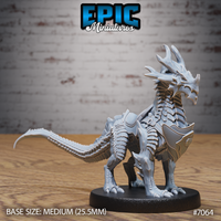 Obsidian Guard Drake by Epic Miniatures — front three-quarter view with fitted saddle and flanking armour panels added to the creature's back and shoulders, horned crest and open jaw visible, clawed forefeet planted wide.