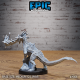 Obsidian Guard Drake in a tall rearing pose, serpentine neck arched upward, bony dorsal ridges visible along the back and tail, breath weapon fanning from open jaws, rocky base beneath. By Epic Miniatures.